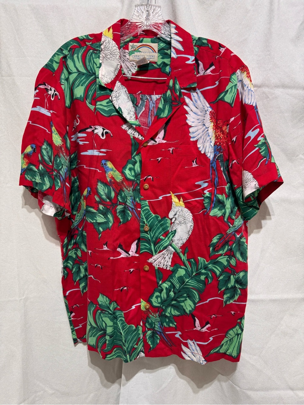 Men's Hawaiian Shirt LG Paradise Found USA Parrots Magnum PI 23" Pit2Pit Birds